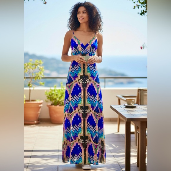 Mara Hoffman Vibrant Geometric Blue Multicolor Maxi Dress XS 2